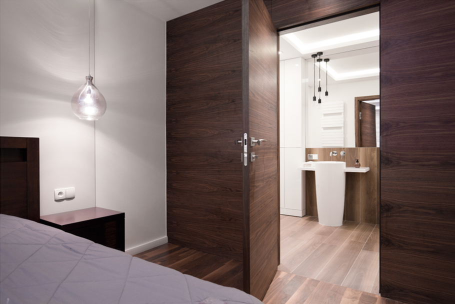 Wood veneer door design for a modern bedroom interior by Mikasa Doors