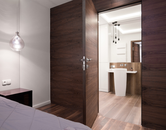 Wood veneer door design for a modern bedroom interior by Mikasa Doors